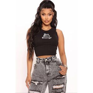 Fashion Nova ✦ A Bad Bi**h Tank Top ✦ Black Sleeveless Crew Neck Graphic S M NWT